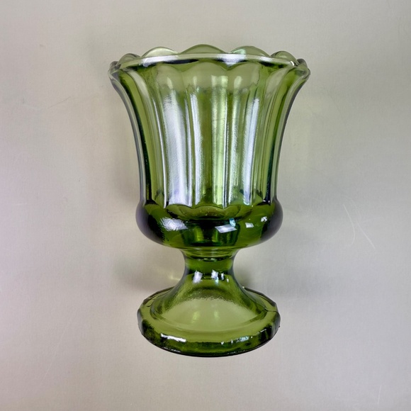 Vintage Avocado Green Pedestal Vase | Fluted Pressed Glass | Lenox Style - Picture 8 of 11